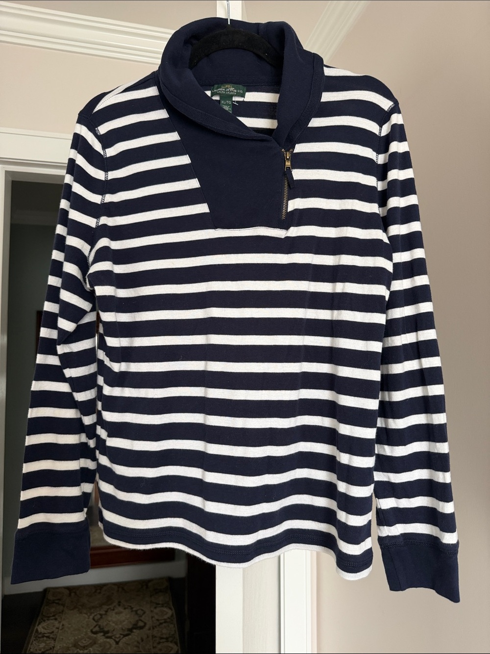 Ralph Lauren Navy and White Striped Shawl Collar Sweatshirt size Xl